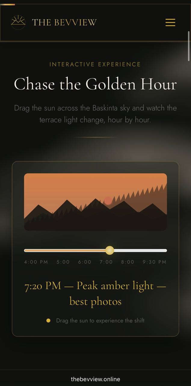 The Bevview website menu page, mobile view